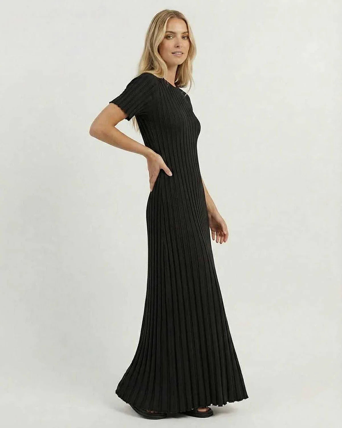 Black Satin Gown Round Neck Short Sleeve Maxi Dress | Bridal Showers, side view | Ramblion | SKU: LMD-837264910-black-L-1359,LMD-837264910-black-M-2120,LMD-837264910-black-S-247,LMD-837264910-black-XL-1029,LMD-837264910-black-XS-9518