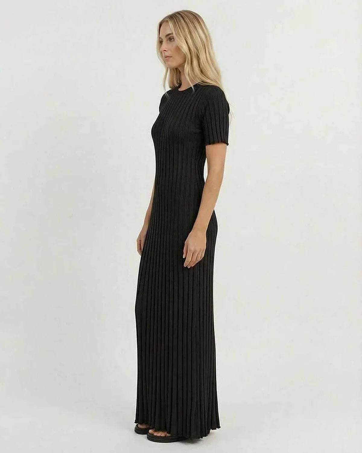 Black Satin Gown Round Neck Short Sleeve Maxi Dress | Bridal Showers, side view | Ramblion | SKU: LMD-837264910-black-L-1359,LMD-837264910-black-M-2120,LMD-837264910-black-S-247,LMD-837264910-black-XL-1029,LMD-837264910-black-XS-9518
