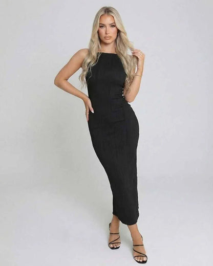 Black Satin Gown Round Neck Sleeveless Maxi Dress | Formal Occasions, Night Out & Daily Wear, front view | Ramblion | SKU: CMD-842759316-black-L-4004,CMD-842759316-black-M-1258,CMD-842759316-black-S-3595,CMD-842759316-black-XL-6590,CMD-842759316-black-XS-6755