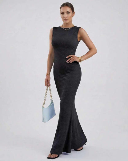 Black Satin Gown Round Neck Sleeveless Maxi Dress | Formal Occasions, Cocktail Hour & Casual Outings, front view | Ramblion | SKU: NMD-584729103-black-L-6858,NMD-584729103-black-M-2904,NMD-584729103-black-S-2065,NMD-584729103-black-XL-2899,NMD-584729103-black-XS-8228