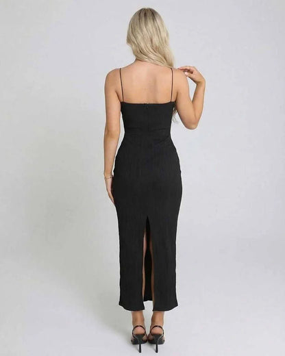 Black Satin Gown Round Neck Sleeveless Maxi Dress | Formal Occasions, Night Out & Daily Wear, back view | Ramblion | SKU: CMD-842759316-black-L-4004,CMD-842759316-black-M-1258,CMD-842759316-black-S-3595,CMD-842759316-black-XL-6590,CMD-842759316-black-XS-6755