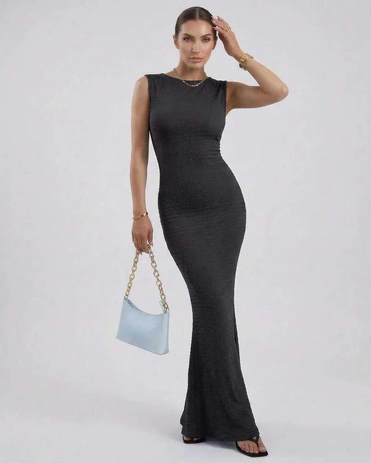 Black Satin Gown Round Neck Sleeveless Maxi Dress | Formal Occasions, Cocktail Hour & Casual Outings, front view | Ramblion | SKU: NMD-584729103-black-L-6858,NMD-584729103-black-M-2904,NMD-584729103-black-S-2065,NMD-584729103-black-XL-2899,NMD-584729103-black-XS-8228