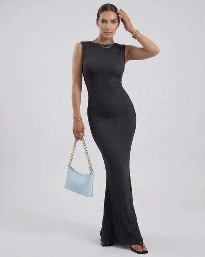 Black Satin Gown Round Neck Sleeveless Maxi Dress | Formal Occasions, Cocktail Hour & Casual Outings, front view | Ramblion | SKU: NMD-584729103-black-L-6858,NMD-584729103-black-M-2904,NMD-584729103-black-S-2065,NMD-584729103-black-XL-2899,NMD-584729103-black-XS-8228