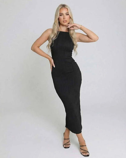 Black Satin Gown Round Neck Sleeveless Maxi Dress | Formal Occasions, Night Out & Daily Wear, front view | Ramblion | SKU: CMD-842759316-black-L-4004,CMD-842759316-black-M-1258,CMD-842759316-black-S-3595,CMD-842759316-black-XL-6590,CMD-842759316-black-XS-6755