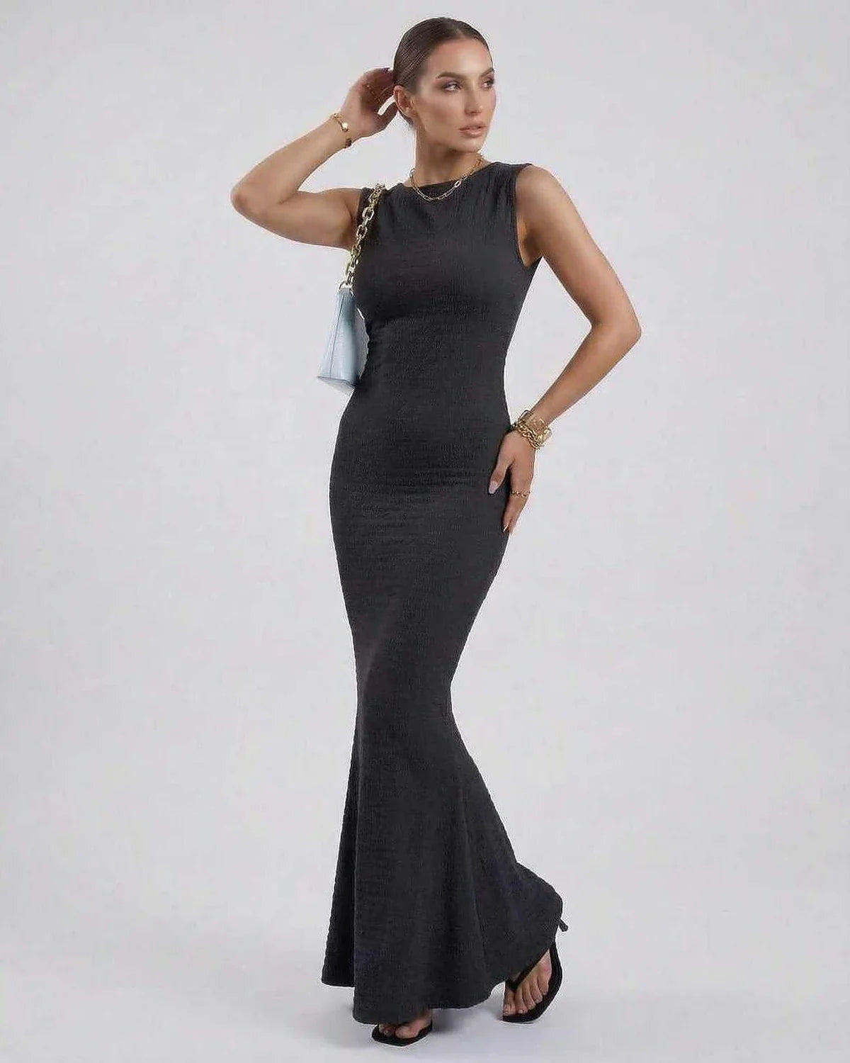 Black Satin Gown Round Neck Sleeveless Maxi Dress | Formal Occasions, Cocktail Hour & Casual Outings, front view | Ramblion | SKU: NMD-584729103-black-L-6858,NMD-584729103-black-M-2904,NMD-584729103-black-S-2065,NMD-584729103-black-XL-2899,NMD-584729103-black-XS-8228