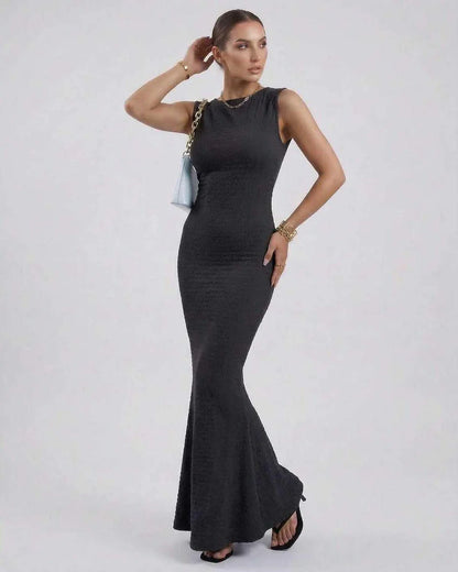 Black Satin Gown Round Neck Sleeveless Maxi Dress | Formal Occasions, Cocktail Hour & Casual Outings, front view | Ramblion | SKU: NMD-584729103-black-L-6858,NMD-584729103-black-M-2904,NMD-584729103-black-S-2065,NMD-584729103-black-XL-2899,NMD-584729103-black-XS-8228