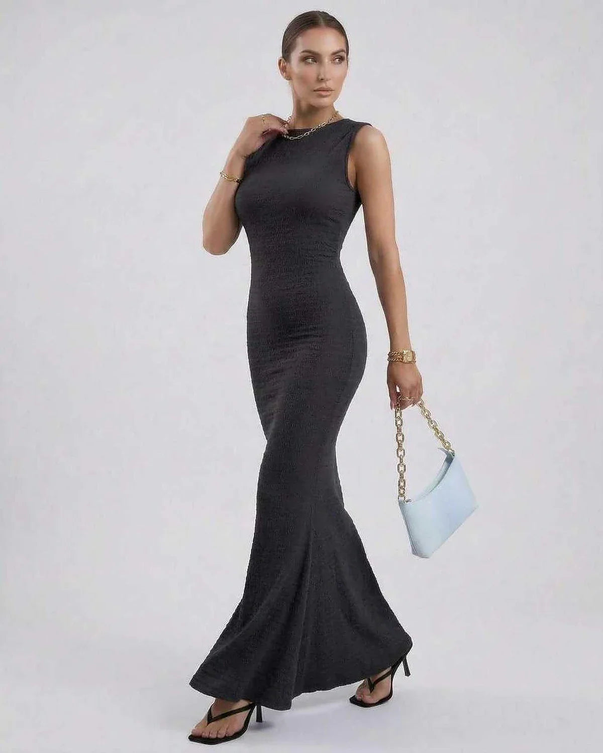 Black Satin Gown Round Neck Sleeveless Maxi Dress | Formal Occasions, Cocktail Hour & Casual Outings, side view | Ramblion | SKU: NMD-584729103-black-L-6858,NMD-584729103-black-M-2904,NMD-584729103-black-S-2065,NMD-584729103-black-XL-2899,NMD-584729103-black-XS-8228