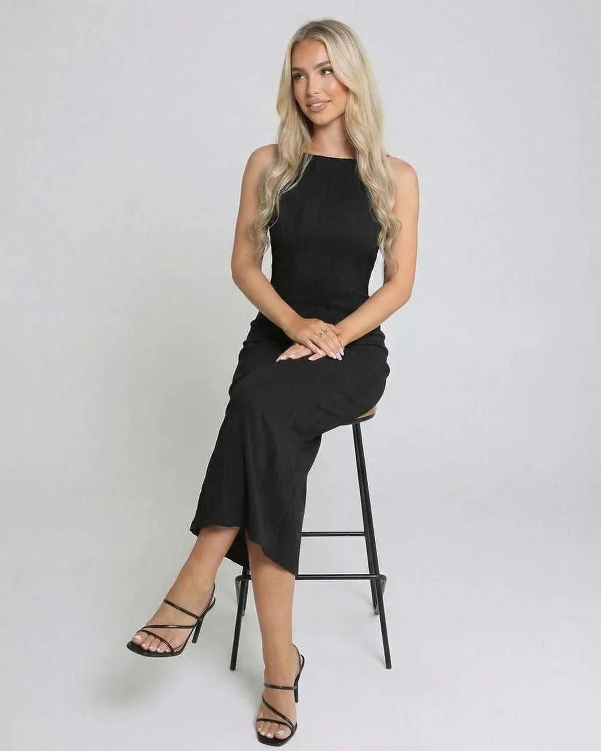 Black Satin Gown Round Neck Sleeveless Maxi Dress | Formal Occasions, Night Out & Daily Wear, front view | Ramblion | SKU: CMD-842759316-black-L-4004,CMD-842759316-black-M-1258,CMD-842759316-black-S-3595,CMD-842759316-black-XL-6590,CMD-842759316-black-XS-6755