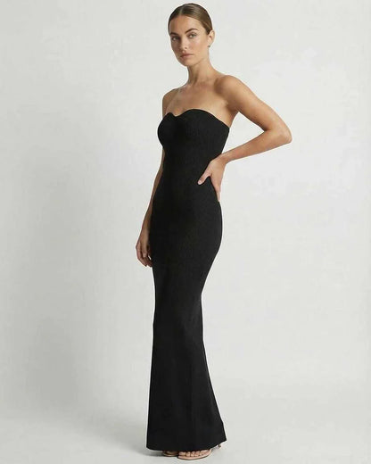 Black Satin Gown Strapless Maxi Dress | Prom, side view | Ramblion | SKU: NMD-284917365-black-L-6584,NMD-284917365-black-M-6164,NMD-284917365-black-S-3714,NMD-284917365-black-XL-3545,NMD-284917365-black-XS-3600