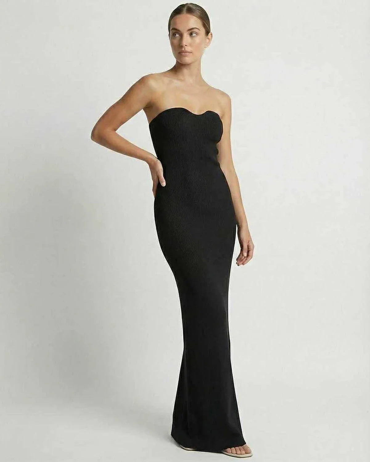 Black Satin Gown Strapless Maxi Dress | Prom, front view | Ramblion | SKU: NMD-284917365-black-L-6584,NMD-284917365-black-M-6164,NMD-284917365-black-S-3714,NMD-284917365-black-XL-3545,NMD-284917365-black-XS-3600