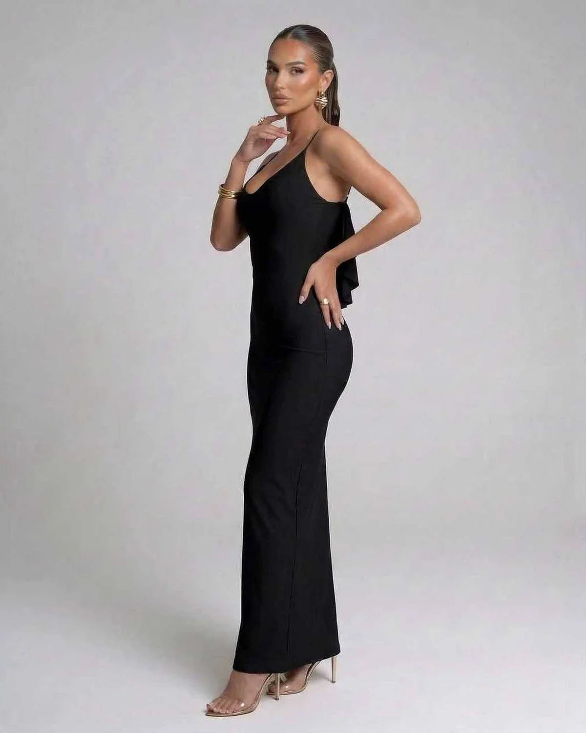 Black Satin Gown V-Neck Sleeveless Maxi Dress | Wedding Guest, side view | Ramblion | SKU: NMD-581920374-black-L-7958,NMD-581920374-black-M-9812,NMD-581920374-black-S-4204,NMD-581920374-black-XL-4201,NMD-581920374-black-XS-1487