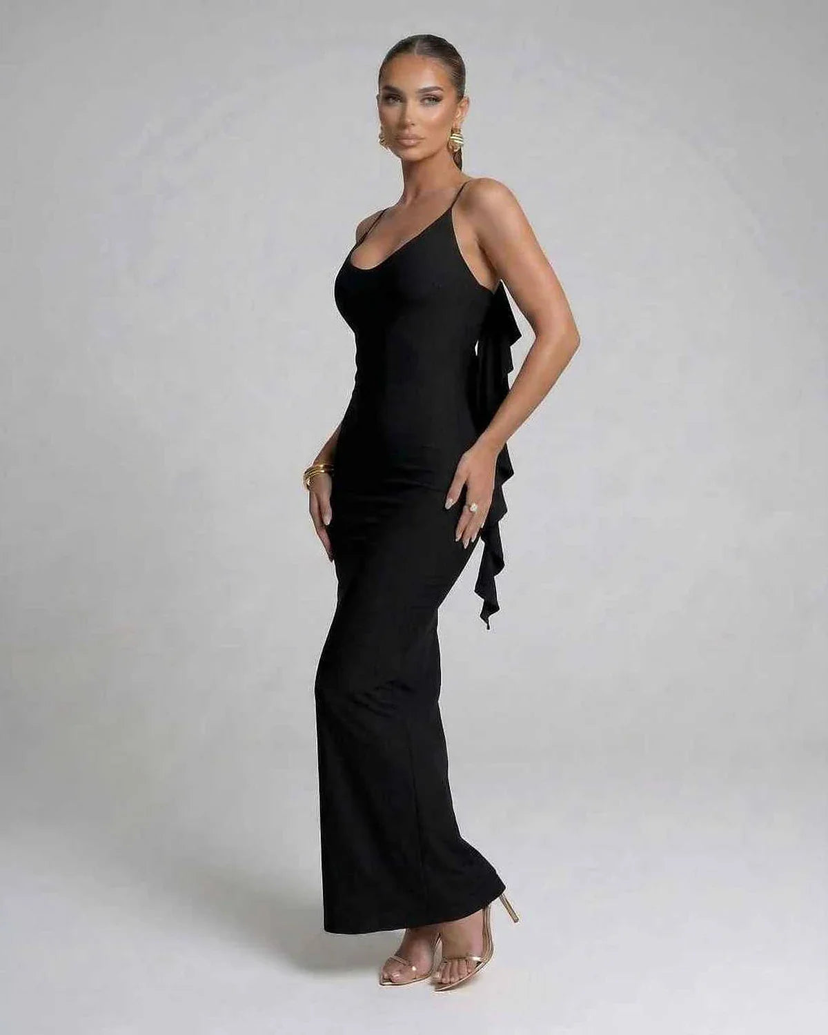 Black Satin Gown V-Neck Sleeveless Maxi Dress | Wedding Guest, side view | Ramblion | SKU: NMD-581920374-black-L-7958,NMD-581920374-black-M-9812,NMD-581920374-black-S-4204,NMD-581920374-black-XL-4201,NMD-581920374-black-XS-1487