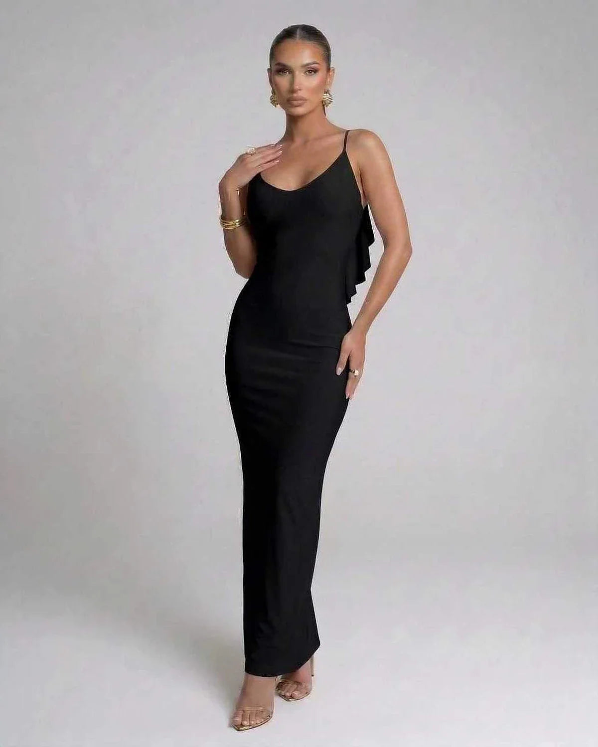Black Satin Gown V-Neck Sleeveless Maxi Dress | Wedding Guest, front view | Ramblion | SKU: NMD-581920374-black-L-7958,NMD-581920374-black-M-9812,NMD-581920374-black-S-4204,NMD-581920374-black-XL-4201,NMD-581920374-black-XS-1487