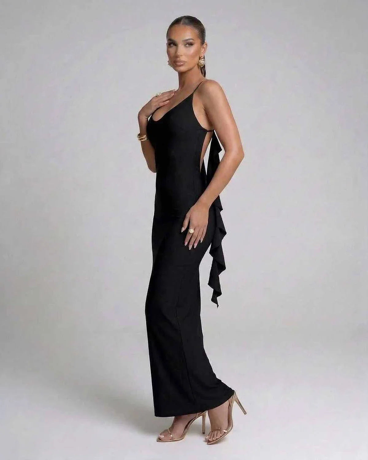 Black Satin Gown V-Neck Sleeveless Maxi Dress | Wedding Guest, side view | Ramblion | SKU: NMD-581920374-black-L-7958,NMD-581920374-black-M-9812,NMD-581920374-black-S-4204,NMD-581920374-black-XL-4201,NMD-581920374-black-XS-1487