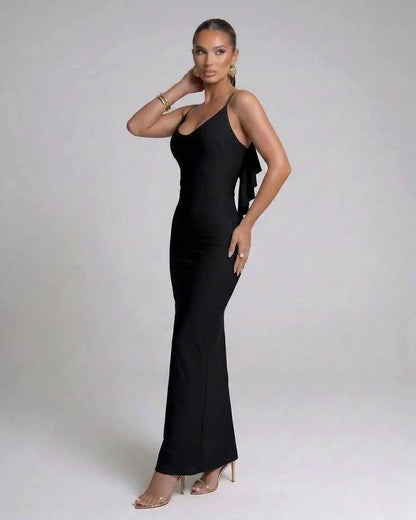 Black Satin Gown V-Neck Sleeveless Maxi Dress | Wedding Guest, side view | Ramblion | SKU: NMD-581920374-black-L-7958,NMD-581920374-black-M-9812,NMD-581920374-black-S-4204,NMD-581920374-black-XL-4201,NMD-581920374-black-XS-1487