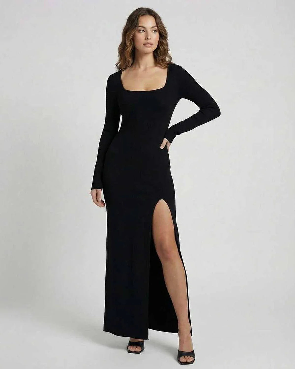 Black Satin Slip Round Neck Long Sleeve Maxi Dress | Prom, Celebrations & Weekend Wear, front view | Ramblion | SKU: EMD-831729645-black-L-2755,EMD-831729645-black-M-2074,EMD-831729645-black-S-3856,EMD-831729645-black-XL-6541,EMD-831729645-black-XS-9790