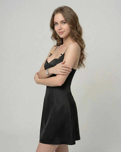 Black Satin Slip Round Neck Sleeveless Mini Dress | Prom & Celebrations, side view | Ramblion | SKU: FMD-48271-black-L-2719,FMD-48271-black-M-9147,FMD-48271-black-S-2379,FMD-48271-black-XL-8670,FMD-48271-black-XS-3579
