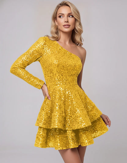 Black Sequin Fit and Flare One-Shoulder Long Sleeve Mini Dres, front view | Ramblion | SKU: LMD-847392615038274-GOLD-L,LMD-847392615038274-GOLD-M,LMD-847392615038274-GOLD-S,LMD-847392615038274-GOLD-XL,LMD-847392615038274-GOLD-XS