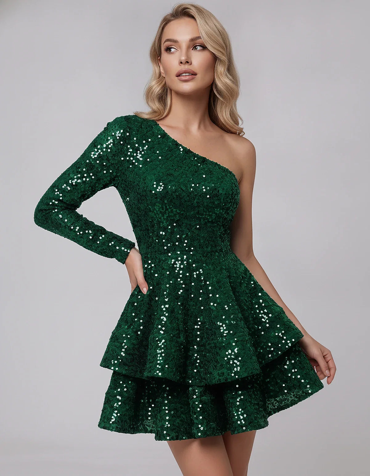 Black Sequin Fit and Flare One-Shoulder Long Sleeve Mini Dres | Ramblion | SKU: LMD-847392615038274-GREEN-L,LMD-847392615038274-GREEN-M,LMD-847392615038274-GREEN-S,LMD-847392615038274-GREEN-XL,LMD-847392615038274-GREEN-XS