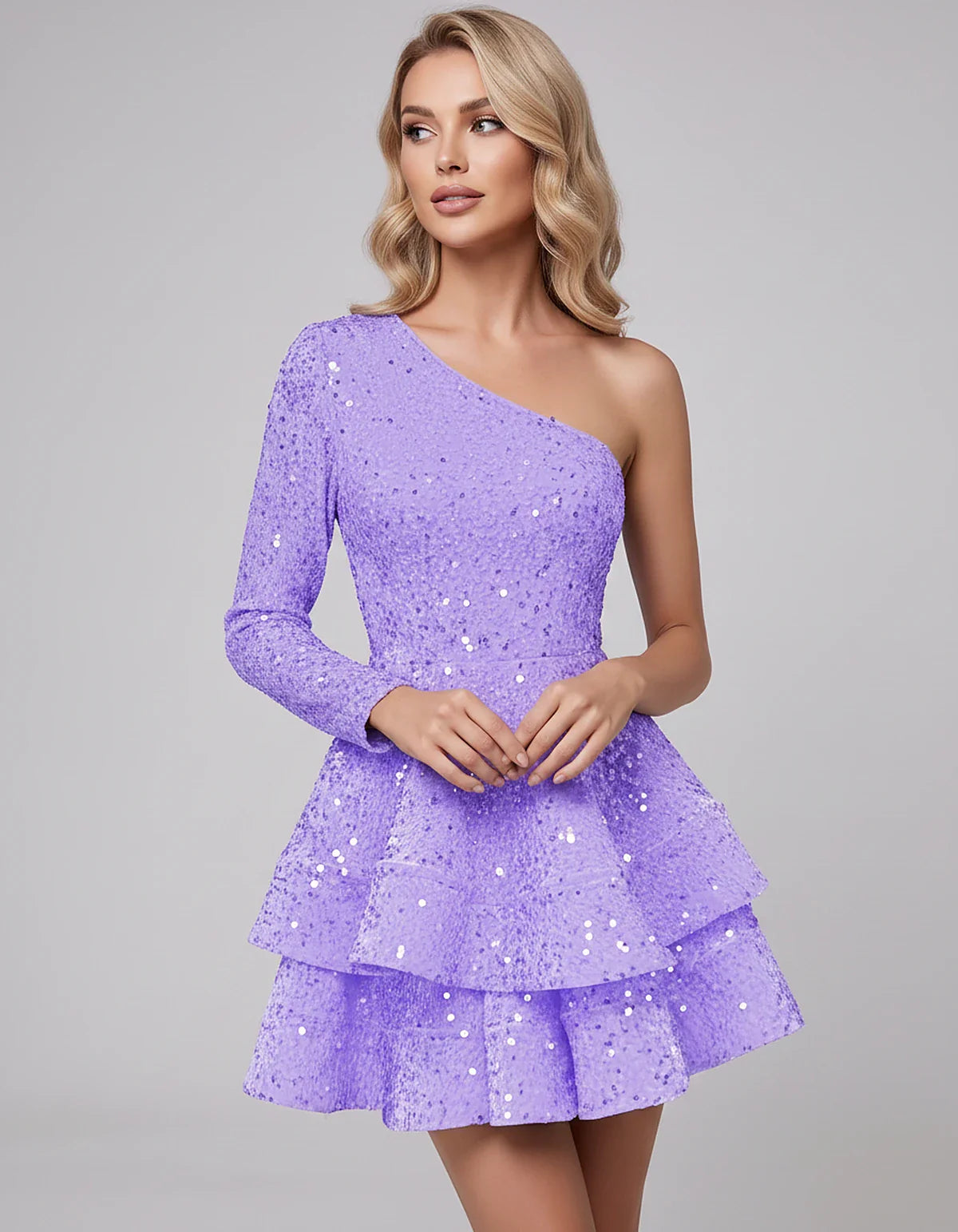 Black Sequin Fit and Flare One-Shoulder Long Sleeve Mini Dres | Ramblion | SKU: LMD-847392615038274-LAVENDER-L,LMD-847392615038274-LAVENDER-M,LMD-847392615038274-LAVENDER-S,LMD-847392615038274-LAVENDER-XL,LMD-847392615038274-LAVENDER-XS