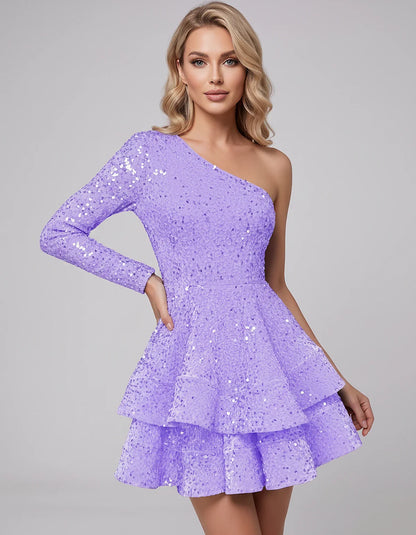 Black Sequin Fit and Flare One-Shoulder Long Sleeve Mini Dres | Ramblion | SKU: LMD-847392615038274-LAVENDER-L,LMD-847392615038274-LAVENDER-M,LMD-847392615038274-LAVENDER-S,LMD-847392615038274-LAVENDER-XL,LMD-847392615038274-LAVENDER-XS