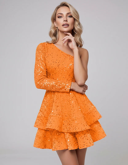 Black Sequin Fit and Flare One-Shoulder Long Sleeve Mini Dres | Ramblion | SKU: LMD-847392615038274-ORANGE-L,LMD-847392615038274-ORANGE-M,LMD-847392615038274-ORANGE-S,LMD-847392615038274-ORANGE-XL,LMD-847392615038274-ORANGE-XS