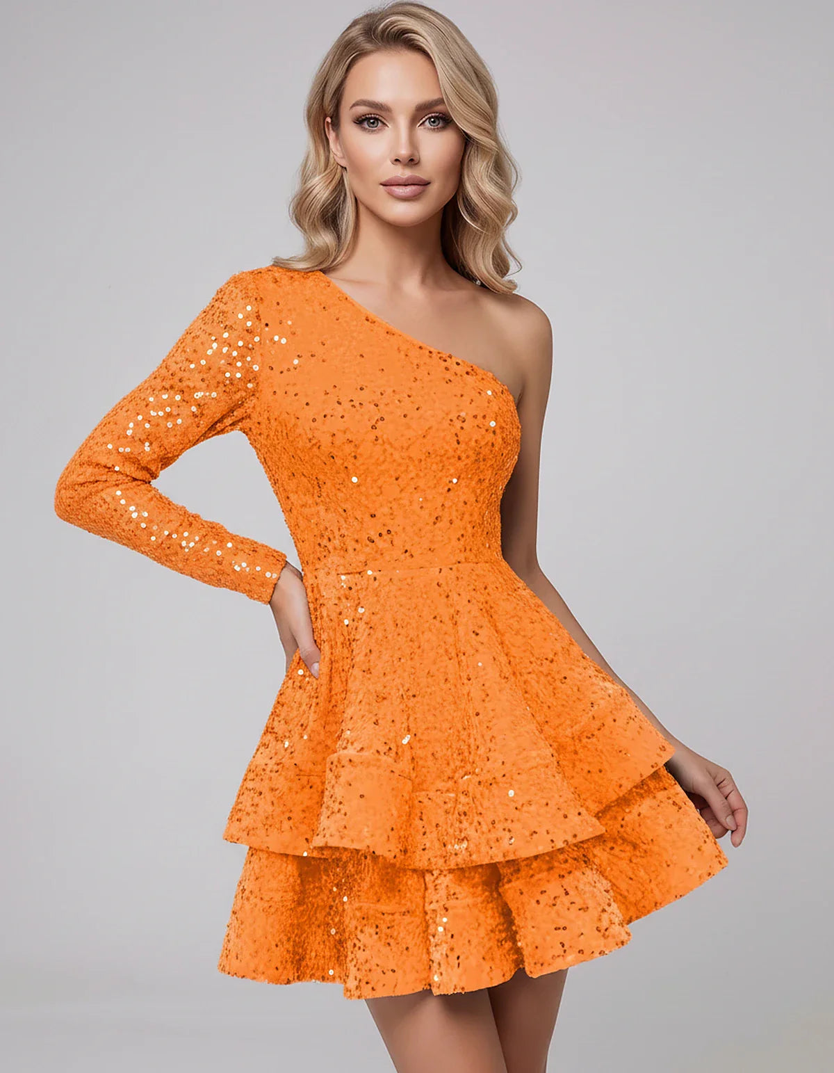 Black Sequin Fit and Flare One-Shoulder Long Sleeve Mini Dres | Ramblion | SKU: LMD-847392615038274-ORANGE-L,LMD-847392615038274-ORANGE-M,LMD-847392615038274-ORANGE-S,LMD-847392615038274-ORANGE-XL,LMD-847392615038274-ORANGE-XS