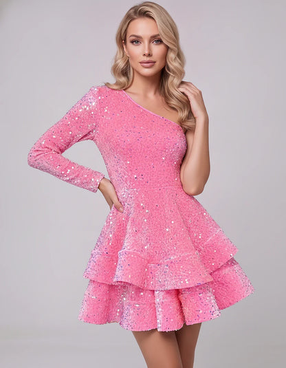 Black Sequin Fit and Flare One-Shoulder Long Sleeve Mini Dres | Ramblion | SKU: LMD-847392615038274-PINK-L,LMD-847392615038274-PINK-M,LMD-847392615038274-PINK-S,LMD-847392615038274-PINK-XL,LMD-847392615038274-PINK-XS