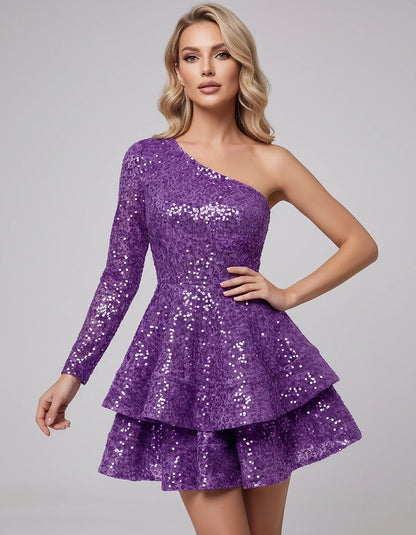 Black Sequin Fit and Flare One-Shoulder Long Sleeve Mini Dres | Ramblion | SKU: LMD-847392615038274-MAUVE-L,LMD-847392615038274-MAUVE-M,LMD-847392615038274-MAUVE-S,LMD-847392615038274-MAUVE-XL,LMD-847392615038274-MAUVE-XS