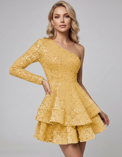 Black Sequin Fit and Flare One-Shoulder Long Sleeve Mini Dres | Ramblion | SKU: LMD-847392615038274-CHAMPAGNE-L,LMD-847392615038274-CHAMPAGNE-M,LMD-847392615038274-CHAMPAGNE-S,LMD-847392615038274-CHAMPAGNE-XL,LMD-847392615038274-CHAMPAGNE-XS