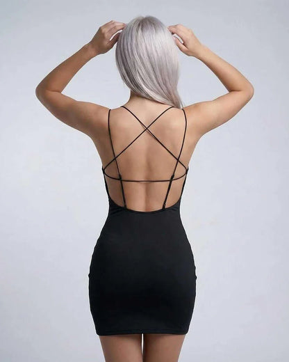 Black Slip V-Neck Sleeveless Mini Dress | Evening Events & Wedding Guest, back view | Ramblion | SKU: NMD-19384-black-L-6278,NMD-19384-black-M-4851,NMD-19384-black-S-4976,NMD-19384-black-XL-9745,NMD-19384-black-XS-232