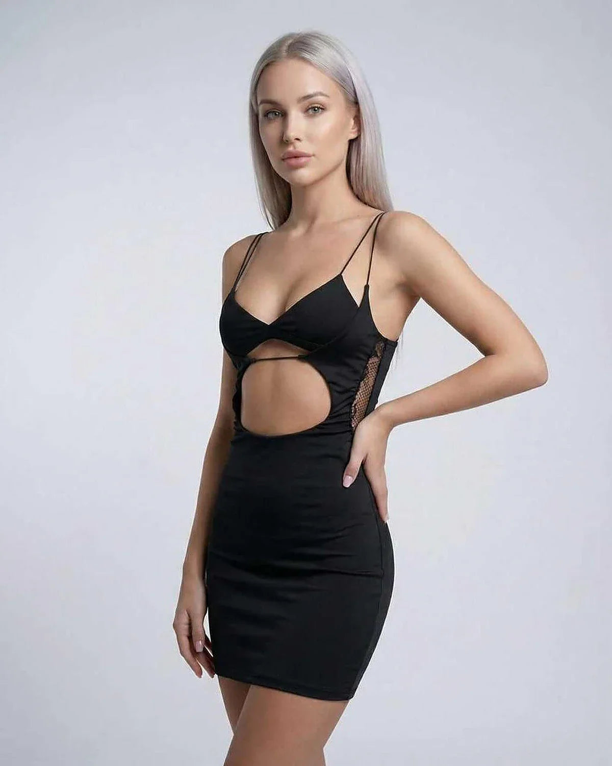 Black Slip V-Neck Sleeveless Mini Dress | Evening Events & Wedding Guest, front view | Ramblion | SKU: NMD-19384-black-L-6278,NMD-19384-black-M-4851,NMD-19384-black-S-4976,NMD-19384-black-XL-9745,NMD-19384-black-XS-232