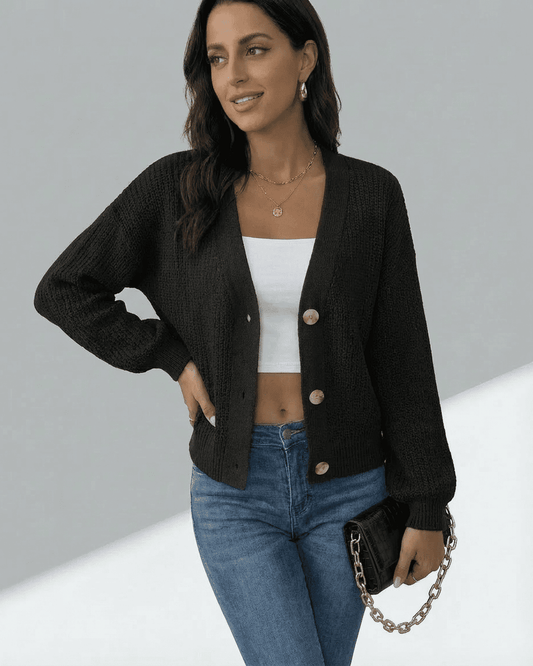 Twill Cardigan by RAMBLION, black, V-neck, long sleeves, soft feel, perfect for autumn layering.