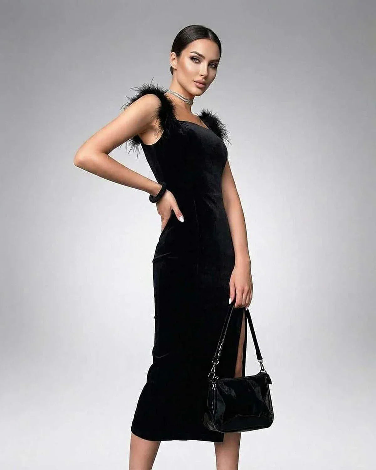 Black Velvet Bodycon Round Neck Sleeveless Midi Dress | Formal Occasions & Night Out, front view | Ramblion | SKU: SMD-74218-black-L-9389,SMD-74218-black-M-883,SMD-74218-black-S-8947,SMD-74218-black-XL-4158,SMD-74218-black-XS-3513