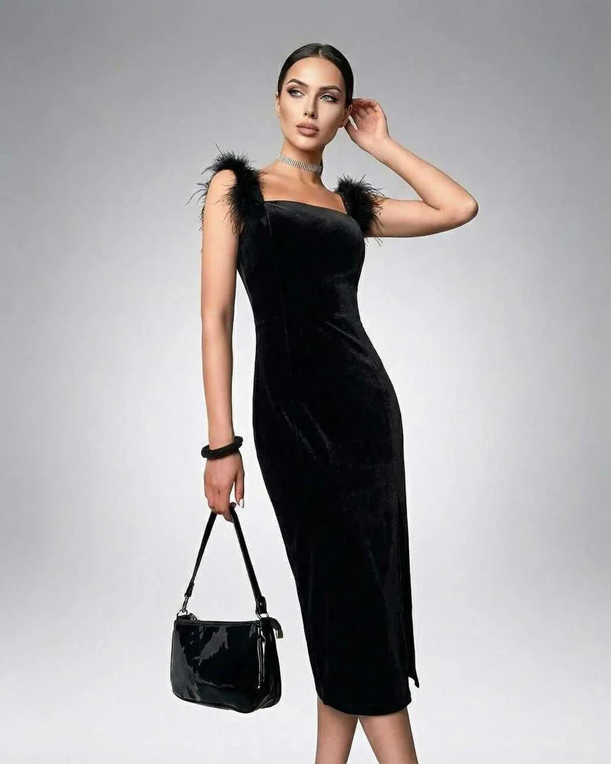 Black Velvet Bodycon Round Neck Sleeveless Midi Dress | Formal Occasions & Night Out, front view | Ramblion | SKU: SMD-74218-black-L-9389,SMD-74218-black-M-883,SMD-74218-black-S-8947,SMD-74218-black-XL-4158,SMD-74218-black-XS-3513