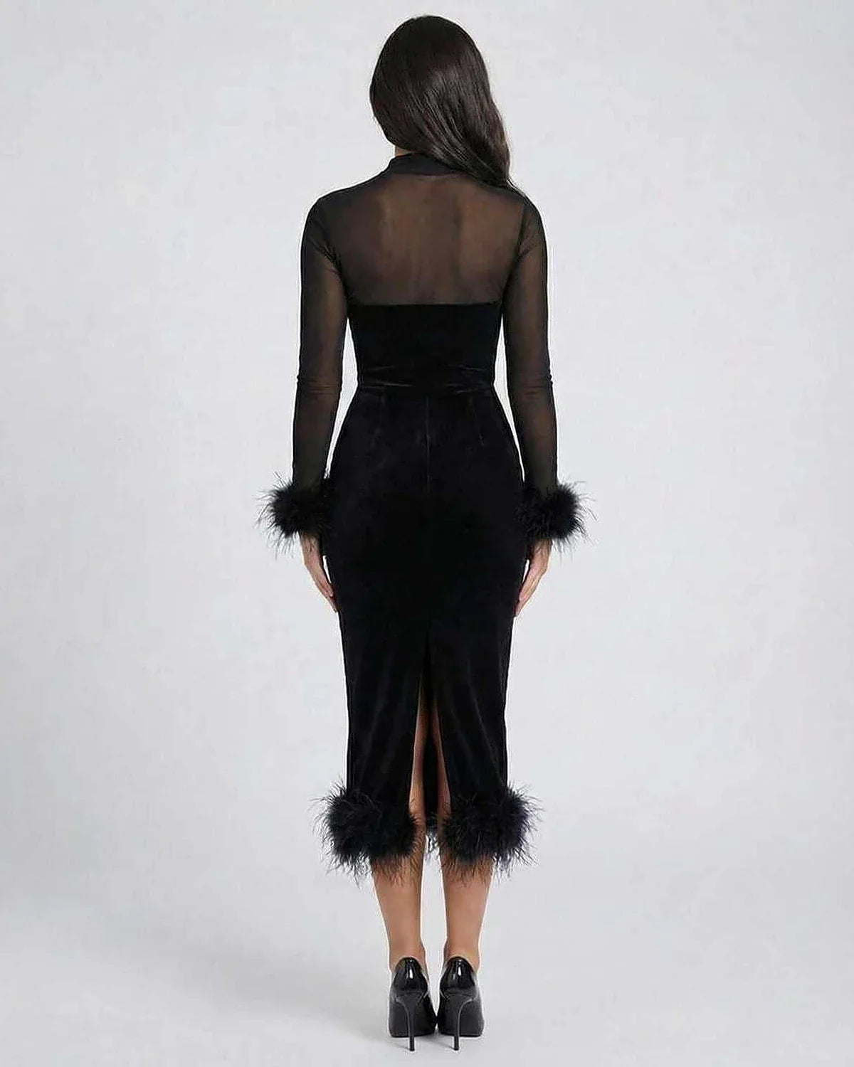 Black Velvet Gown Round Neck Long Sleeve Midi Dress | Wedding Guest, back view | Ramblion | SKU: OMD-52413-black-L-7000,OMD-52413-black-M-3007,OMD-52413-black-S-6520,OMD-52413-black-XL-2289,OMD-52413-black-XS-7036