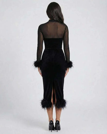 Black Velvet Gown Round Neck Long Sleeve Midi Dress | Wedding Guest, back view | Ramblion | SKU: OMD-52413-black-L-7000,OMD-52413-black-M-3007,OMD-52413-black-S-6520,OMD-52413-black-XL-2289,OMD-52413-black-XS-7036