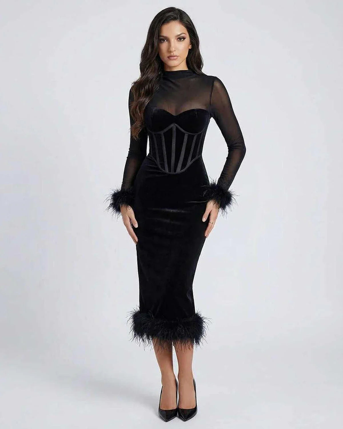 Black Velvet Gown Round Neck Long Sleeve Midi Dress | Wedding Guest, front view | Ramblion | SKU: OMD-52413-black-L-7000,OMD-52413-black-M-3007,OMD-52413-black-S-6520,OMD-52413-black-XL-2289,OMD-52413-black-XS-7036