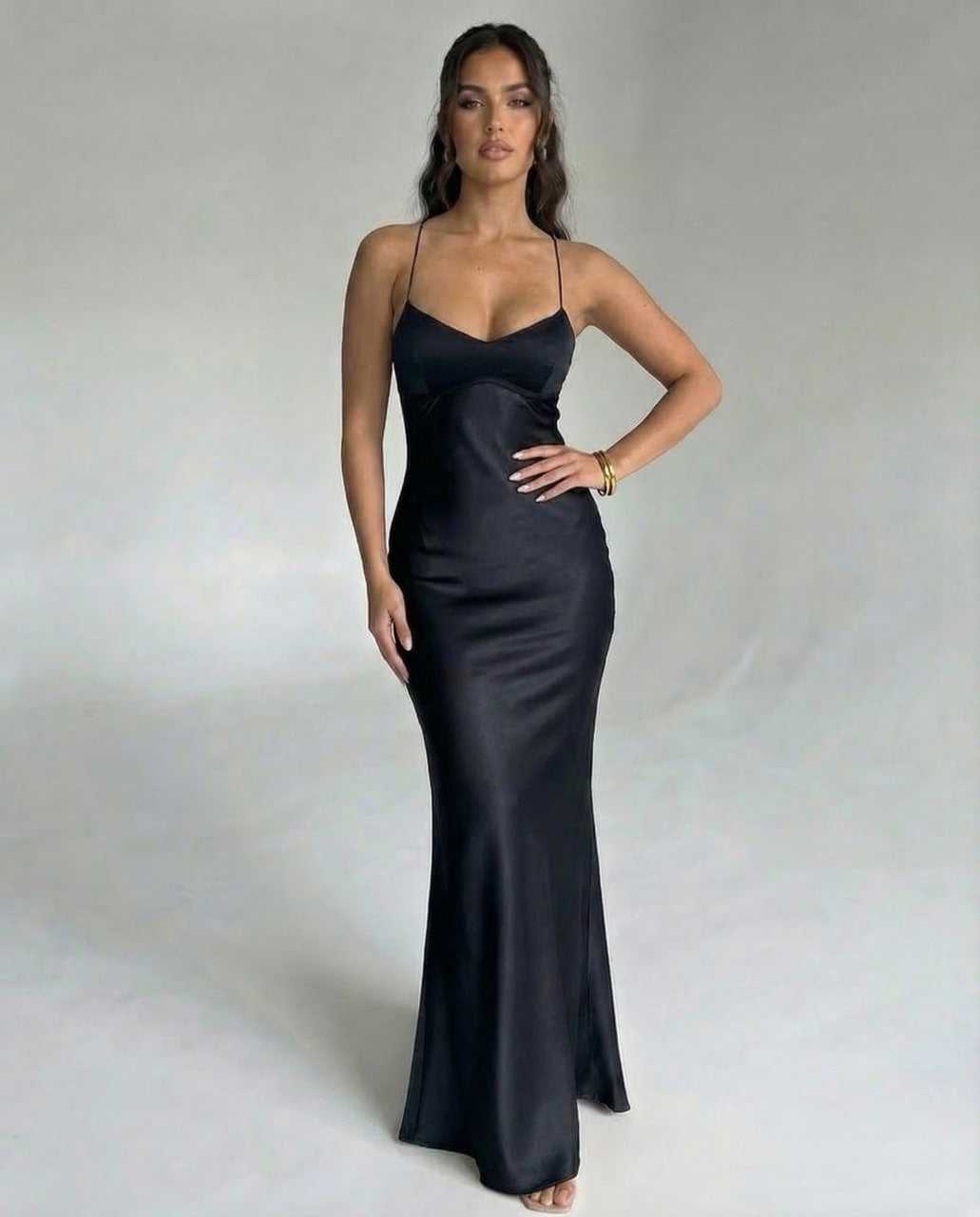 Bliss Maxi Dress by RAMBLION, black satin ankle-length dress with V neck, perfect for elegant occasions.