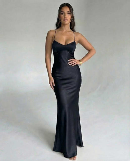 Bliss Maxi Dress by RAMBLION, black satin ankle-length dress with V neck, perfect for elegant occasions.