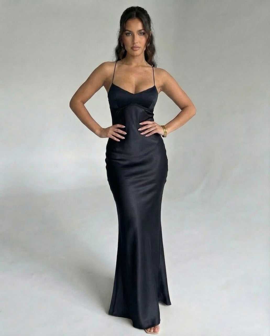 Bliss Maxi Dress in black satin, elegant v-neck design, perfect for formal occasions, by RAMBLION.