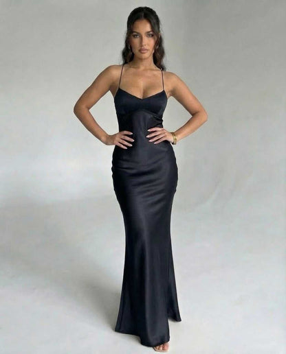 Bliss Maxi Dress in black satin, elegant v-neck design, perfect for formal occasions, by RAMBLION.