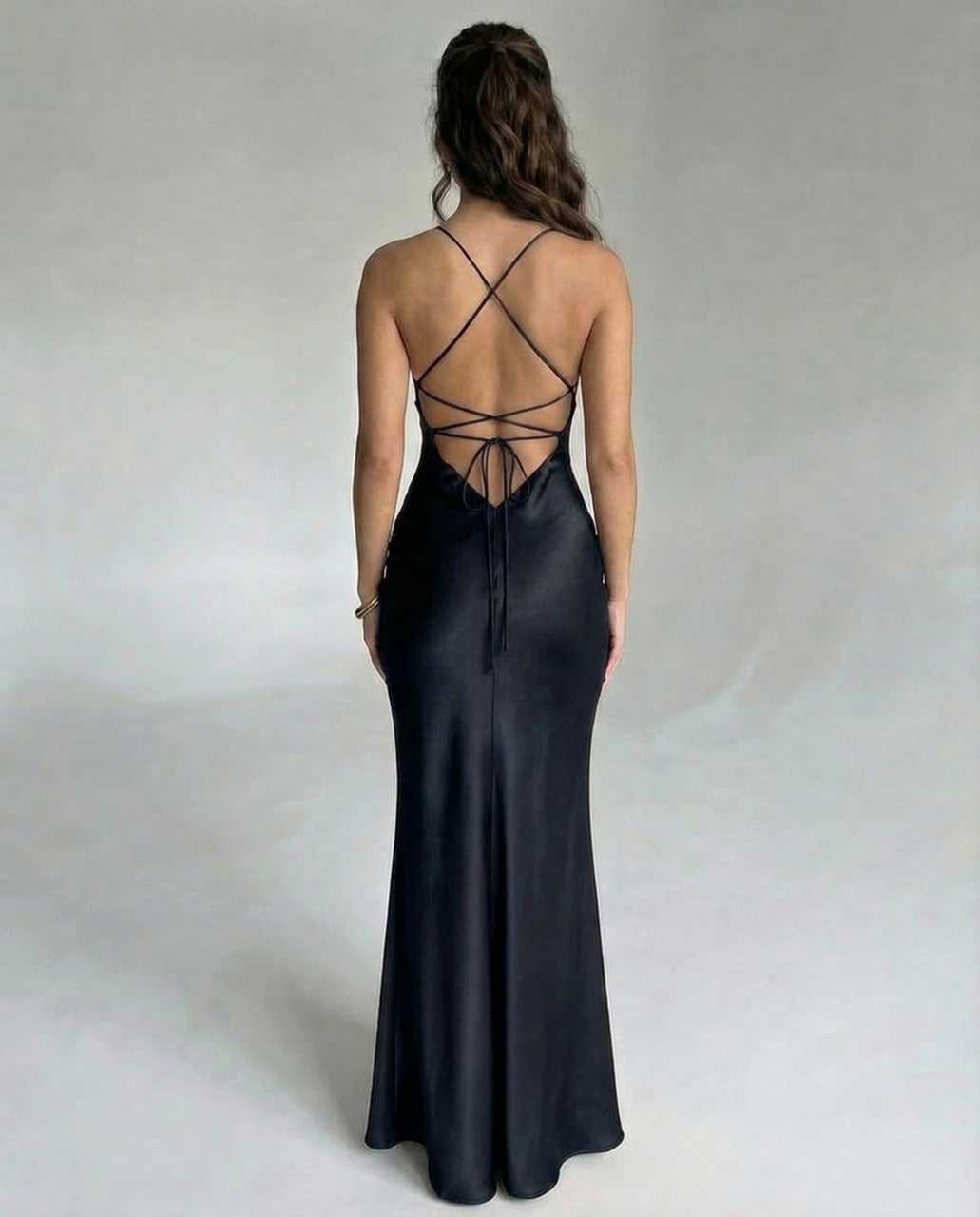 Bliss Maxi Dress in black satin, V neck, stunning fit, perfect for formal events, RAMBLION brand.