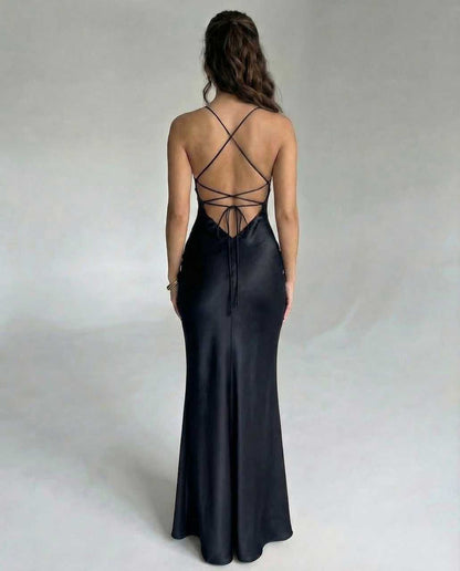 Bliss Maxi Dress in black satin, V neck, stunning fit, perfect for formal events, RAMBLION brand.