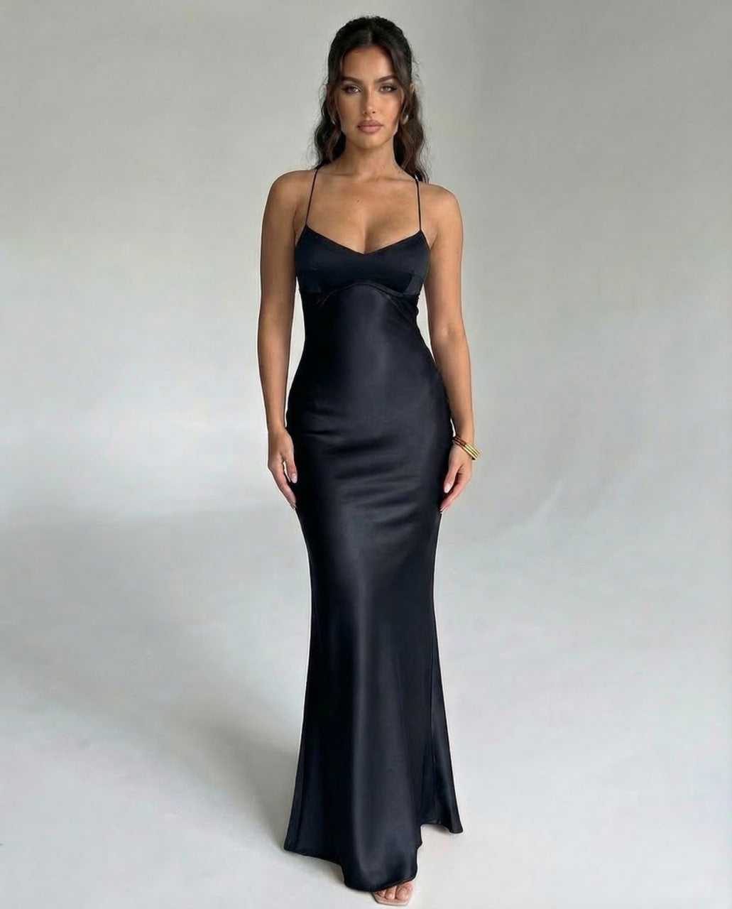 Bliss Maxi Dress in sleek black satin, ankle-length, elegant for formal occasions, by RAMBLION.