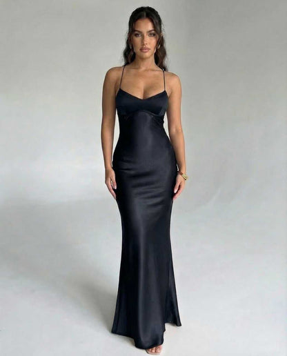 Bliss Maxi Dress in sleek black satin, ankle-length, elegant for formal occasions, by RAMBLION.