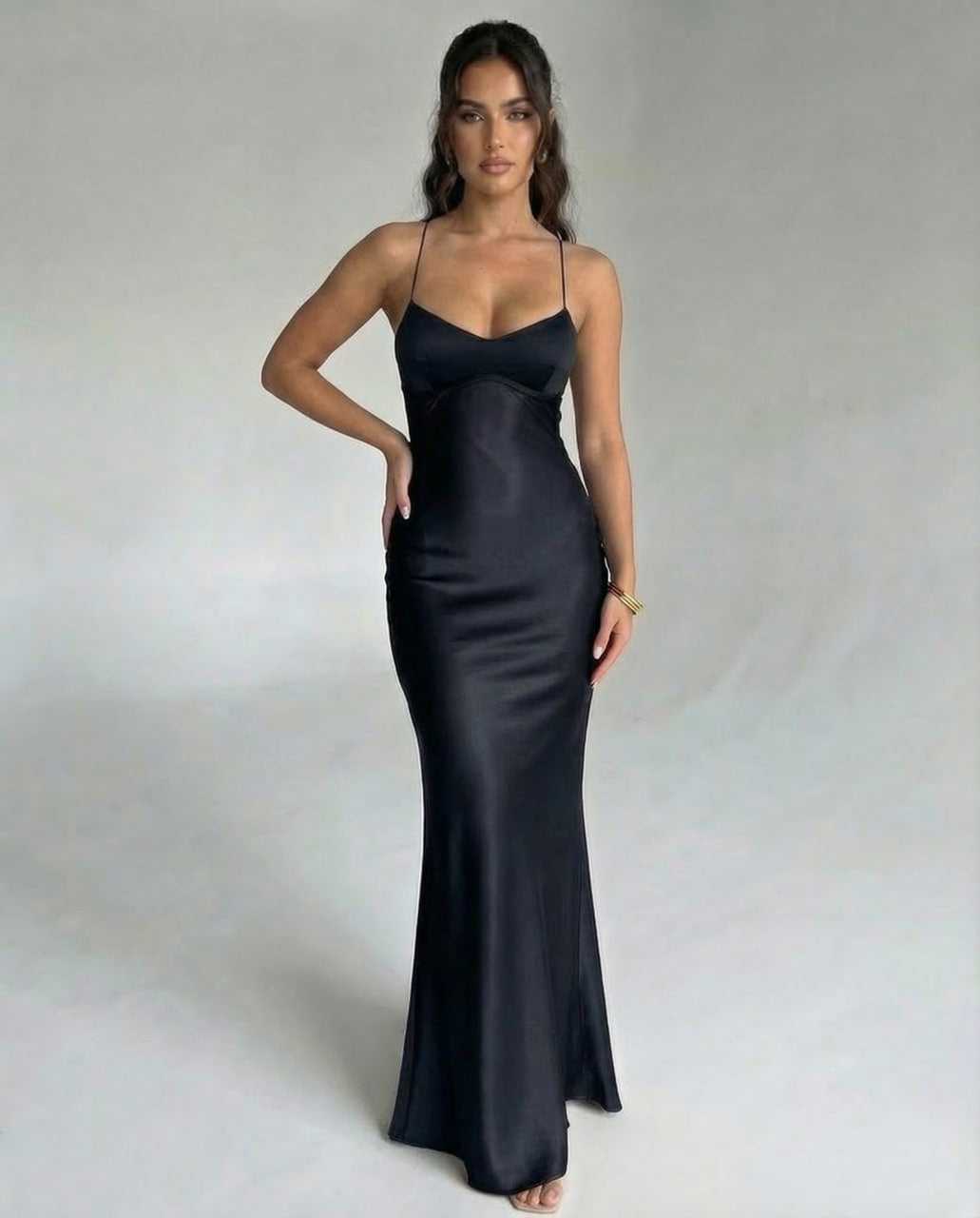 Bliss Maxi Dress by RAMBLION, black satin gown with V neck, perfect for evening wear, sleek and elegant design.