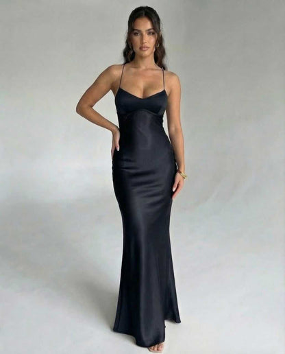 Bliss Maxi Dress by RAMBLION, black satin gown with V neck, perfect for evening wear, sleek and elegant design.