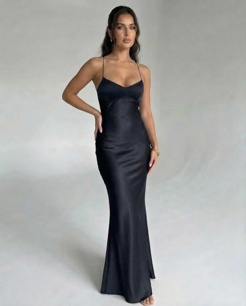 Bliss Maxi Dress by RAMBLION, elegant black satin, V neck, perfect for formal occasions, ankle-length silhouette.