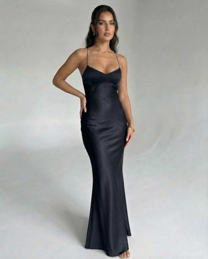 Bliss Maxi Dress by RAMBLION, elegant black satin, V neck, perfect for formal occasions, ankle-length silhouette.